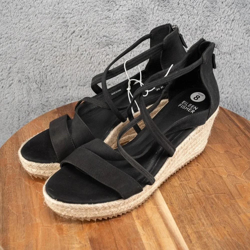 Eileen Fisher Largo‎ Black Tumbled Nubuck Leather Espadrille Wedge Sandal 8